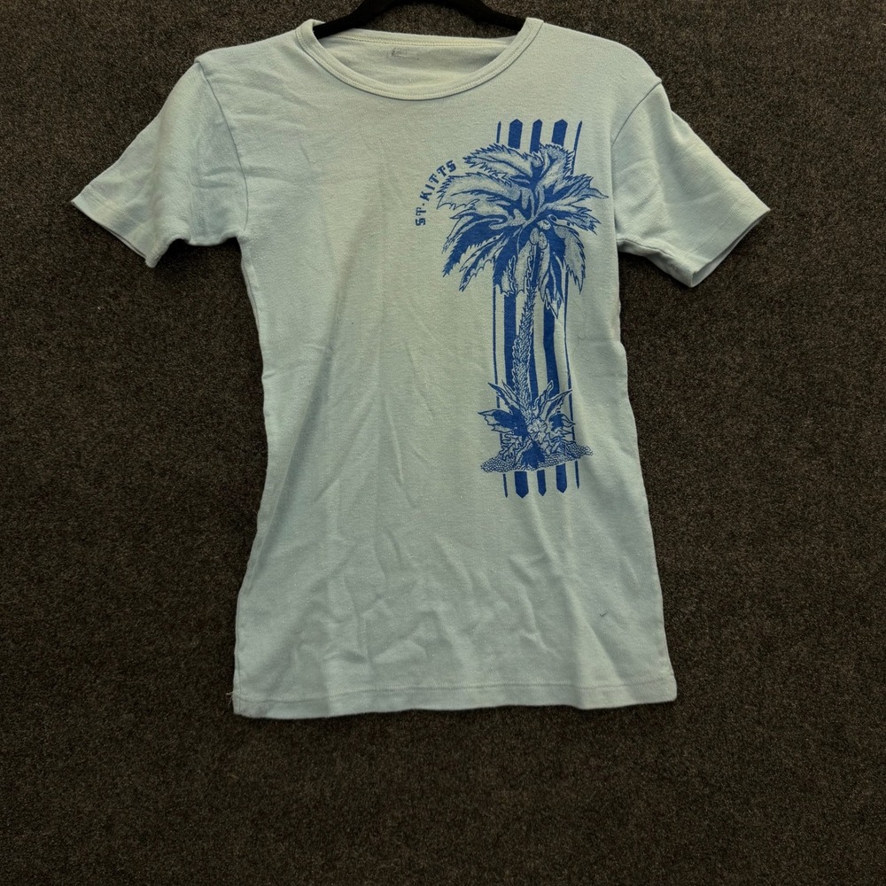 Vintage 60s 70s St Kitts Palm Tree Souvenir T-Shirt Light Blue Graphic Tee XS S